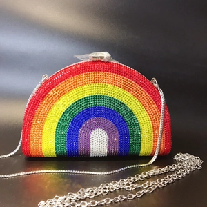Rainbow rhinestone evening clutch bag with metal chain strap and half-moon shape