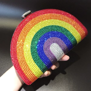 Semicircle rainbow crystal evening clutch bag with gradient rhinestones and metal clasp