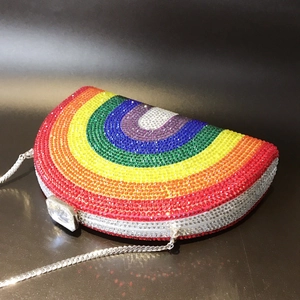 Rainbow gradient rhinestone semi-circle clutch bag with crystal buckle and silver chain