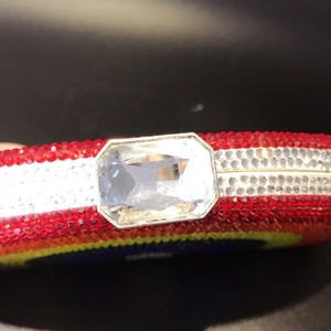 Macro detail of rainbow rhinestone stripes and large crystal buckle on luxury evening clutch