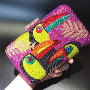 Luxury rectangular evening clutch with multi-colored rhinestone parrot pattern inlay