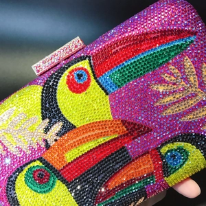 Luxury handmade toucan bird crystal evening clutch bag with sparkling multi-color rhinestones