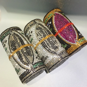 Sparkling crystal dollar roll evening clutch bag with cylinder metal hollow design