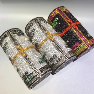 Cylindrical US dollar money clutch bag with full rhinestones and hollow metal design