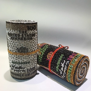 Detail of cylindrical dollar roll evening bags with sparkling crystal rhinestones