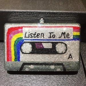 Retro Cassette Tape Evening Clutch Bag Luxury Rhinestone Crystal Encrusted Metal Handbag Party Banquet For Women