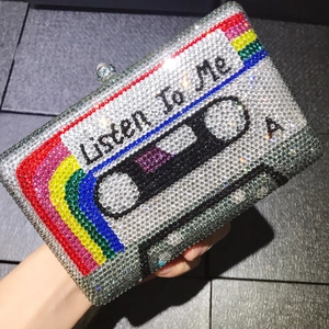 Retro cassette tape evening bag with colorful crystals and Listen To Me text