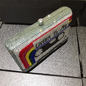Retro cassette tape evening clutch bag with colorful crystals and Listen To Me lettering