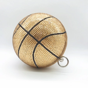 Luxury basketball crystal evening clutch bag with gold rhinestones and metal ring handle