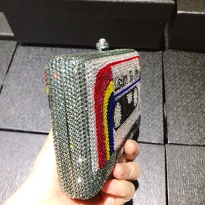 Luxury retro cassette shaped clutch bag with sparkling crystal rhinestones and metal clasp