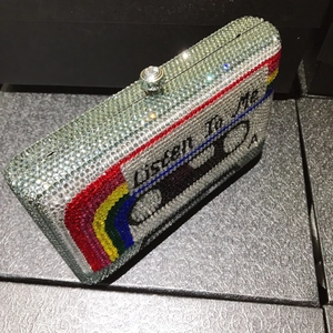 Cassette shaped evening clutch bag with crystals and Listen To Me rainbow design