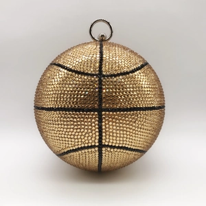 Spherical crystal basketball clutch bag with gold and black rhinestones for women