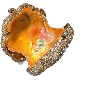 Luxury gold hollow evening bag with sparkling crystals and metal chain strap
