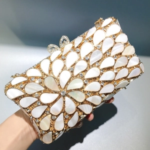 Luxury water drop shell evening clutch bag with gold crystal rhinestones for women