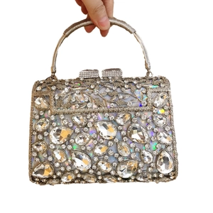 Elegant holographic evening clutch bag with sparkling rhinestones and metal ring handle