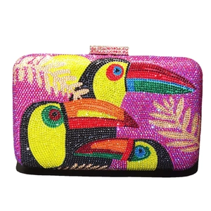 Luxury rhinestone evening clutch bag with tropical toucan and palm leaf patterns