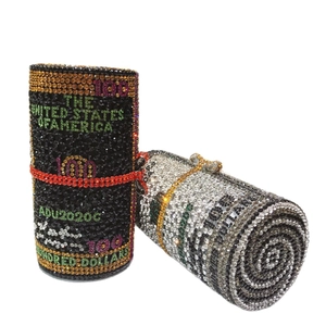 Sparkling crystal dollar roll cylinder clutch bag for evening party and banquet