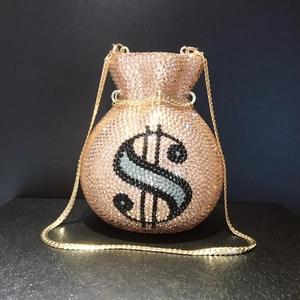 Money Bag Evening Clutch Full Rhinestone Crystal Dollar Sign Mini Round Drawstring Banquet Party Handbag For Women
