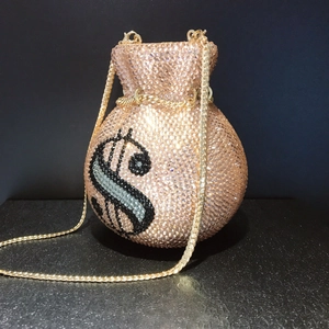 Sparkling money bag evening clutch with rhinestones and dollar sign on chain strap