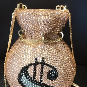 Luxurious money bag evening clutch with pink crystals and dollar sign plus gold chain