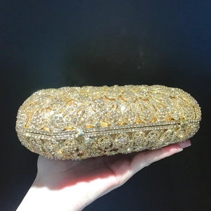Elegant gold rhinestones evening clutch bag with hard shell frame for banquet formal party