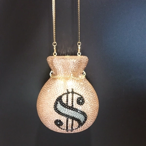 Champagne crystal money bag evening clutch with gold dollar sign and chain strap