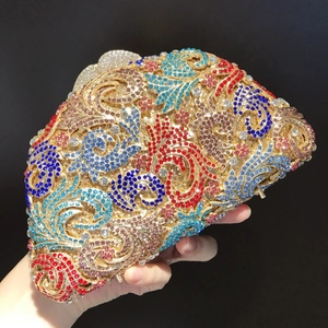 Luxurious colorful rhinestone evening clutch with vintage floral pattern and gold metal frame
