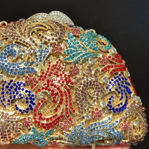 Luxury colorful rhinestone evening clutch bag with intricate baroque metal hollow patterns