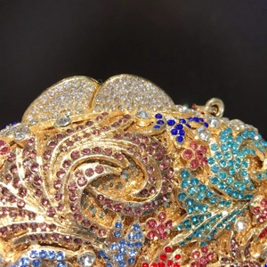 Exquisite colorful rhinestone crystal evening clutch bag with floral metal craft details