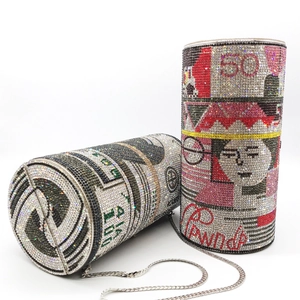Full Rhinestone Money Evening Bag Cylinder Currency Pattern Crystal Clutch With Chain Strap For Women Party Banquet