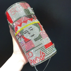 Sparkling cylinder evening clutch bag with crystal 50 Pounds bill design and chain