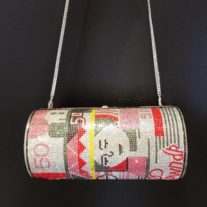 Sparkling cylinder dollar rhinestone evening bag with silver chain and colorful USD crystal pattern