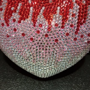 Red and white gradient heart-shaped evening clutch bag with sparkling rhinestones