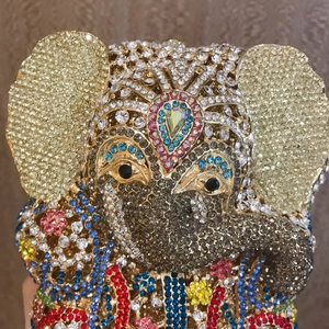 Luxurious elephant shaped evening clutch bag with multicolored rhinestones and metal frame