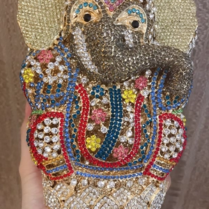 Ganesha elephant evening clutch handbag featuring colorful rhinestones and gold metal frame
