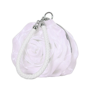 Detail showing layers of white satin rose petals and silver metal frame on the clutch bag