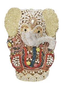 Detailed view of hand-set colorful crystals on the Ganesha shaped evening clutch bag