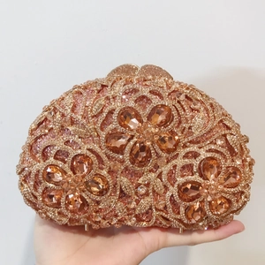 Luxury Evening Clutch Bag Rhinestone Crystal Flower Metal Hard Shell Party Wedding Champagne Gold With Detachable Chain