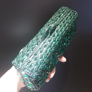 Luxury dark green rhinestone evening clutch bag with crystal rectangular metal frame