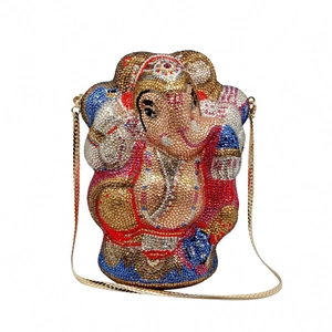 Pochette de soirée Ganesha éléphant en cristal avec strass colorés et chaîne dorée