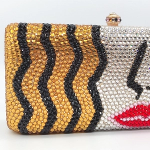 Luxury tiger print and red lip crystal clutch bag with diamond rhinestones and metal ball clasp