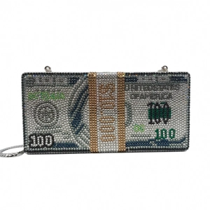 Macro shot of 100 dollar bill pattern rhinestone clutch with fine silver metal chain