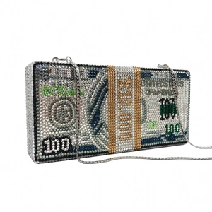 Macro view of crystal encrusted dollar money clutch bag with silver chain strap detail