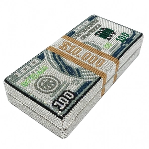 Detailed view of handmade dollar stack evening clutch with sparkling colorful crystals