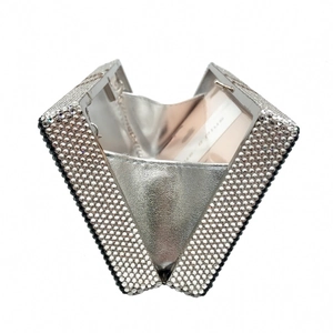 Detail view of silver rhinestone dollar clutch interior fitting an iPhone 8 Plus