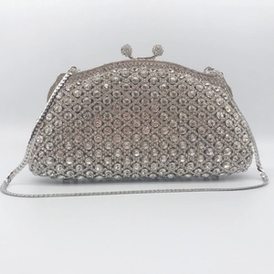 Silver Rhinestone Evening Clutch Bag For Women Luxury Shiny Metal Hard Shell Handbag For Wedding Party With Chain Strap