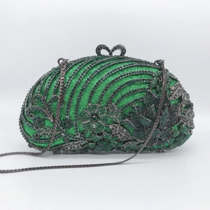 Luxurious green rhinestone evening clutch bag with floral patterns and a metal chain strap