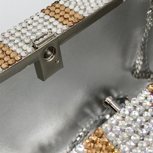 Luxury dollar-style rhinestone evening clutch with silver frame and sparkling crystals