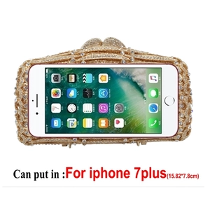 Hollow gold metal evening clutch bag compared with iPhone 7 Plus for size reference