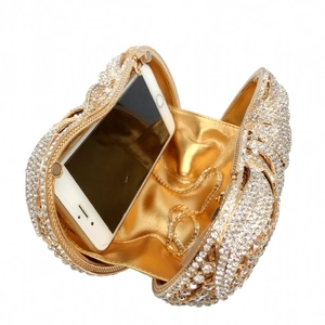Luxury rhinestone tomato hollow clutch bag with gold chain and phone storage capacity